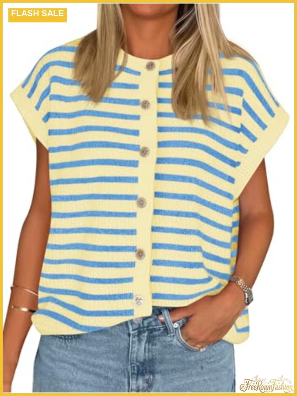 Striped Cap Sleeve Sweater Vest Button Down Cardigan Crew Neck Knit Top